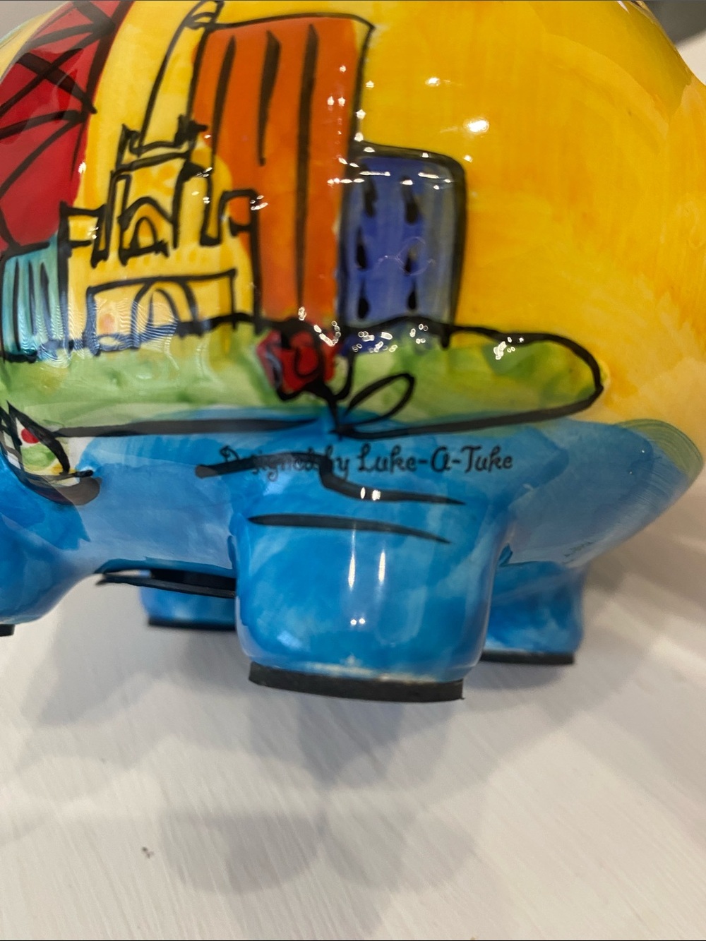 Vintage Ceramic Hand-Painted Yellow Chicago Cityscape Skyline Piggy Bank - Picture 10 of 16